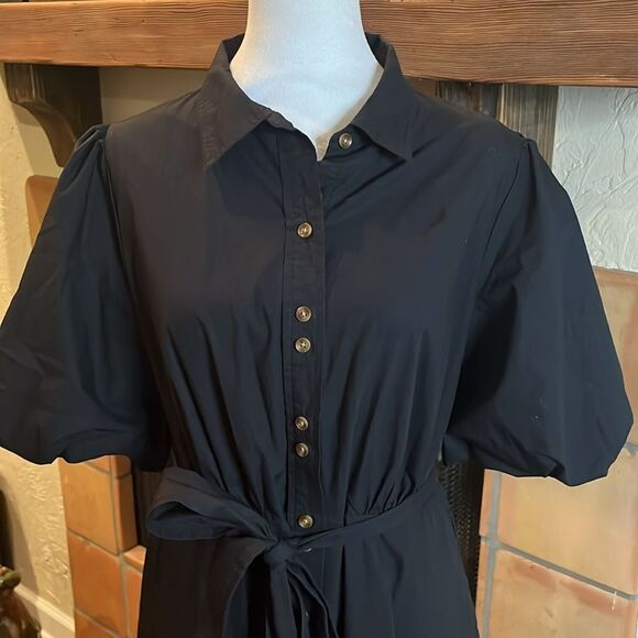 A Loves A Black Puff Sleeve Belted Button Down Midi Dress, size 10 - Picture 2 of 9